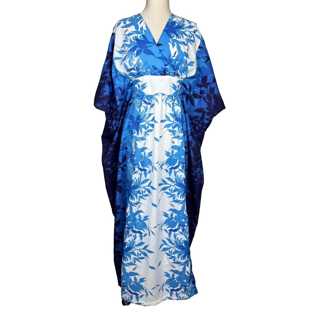 Royal Creations Kaftan Dress Women One Size Blue Aloha Floral Hawaiian Maxi